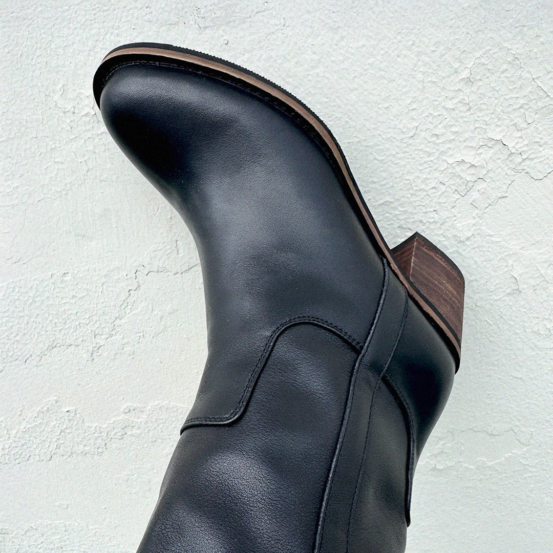 *AIJA - Black Leather Knee High Boots Knee High Flat Cowboy Boots