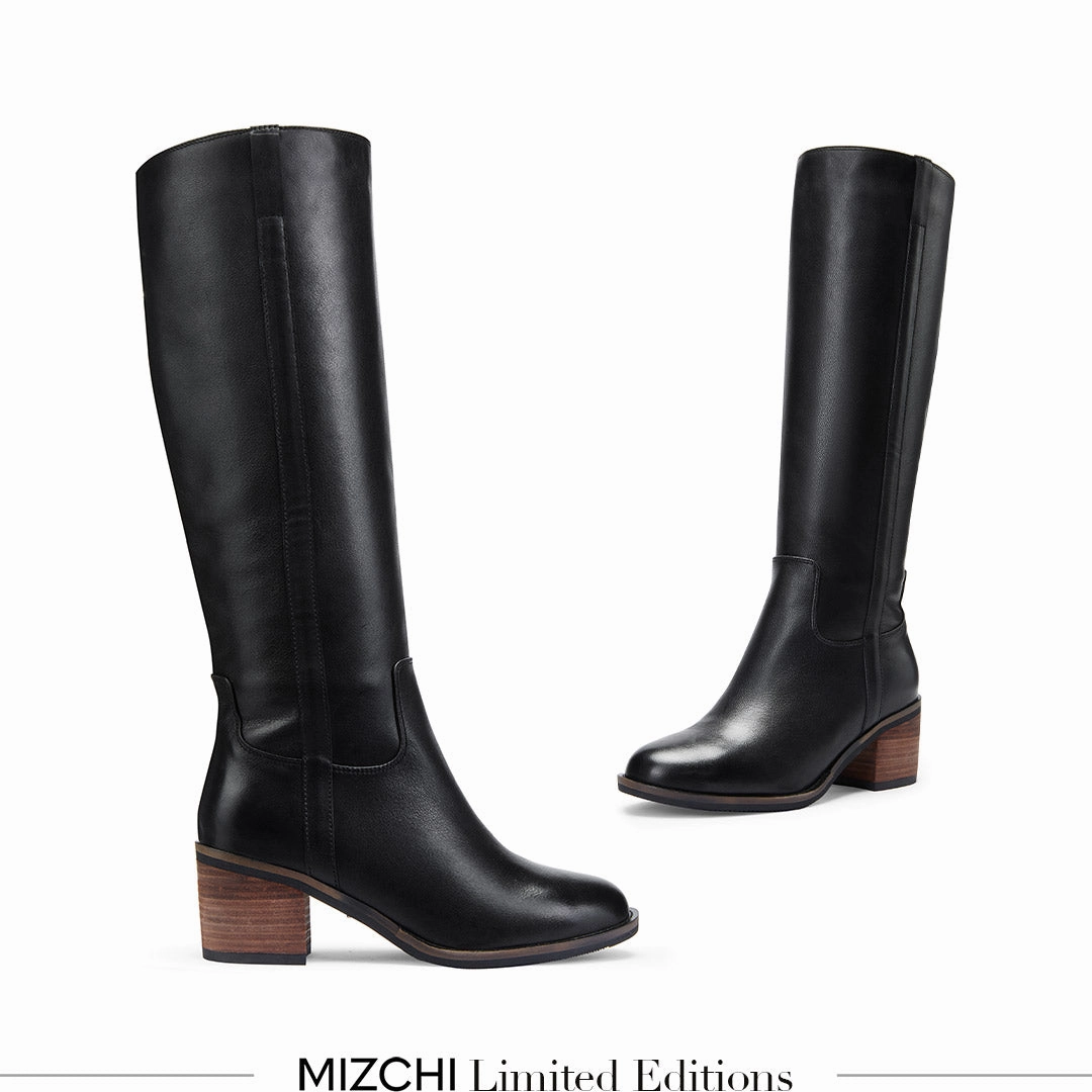 *AIJA - Black Leather Knee High Boots Cowhide Knee High Boots