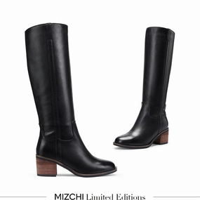 *AIJA - Black Leather Knee High Boots High Heel Wide Calf Knee Boots