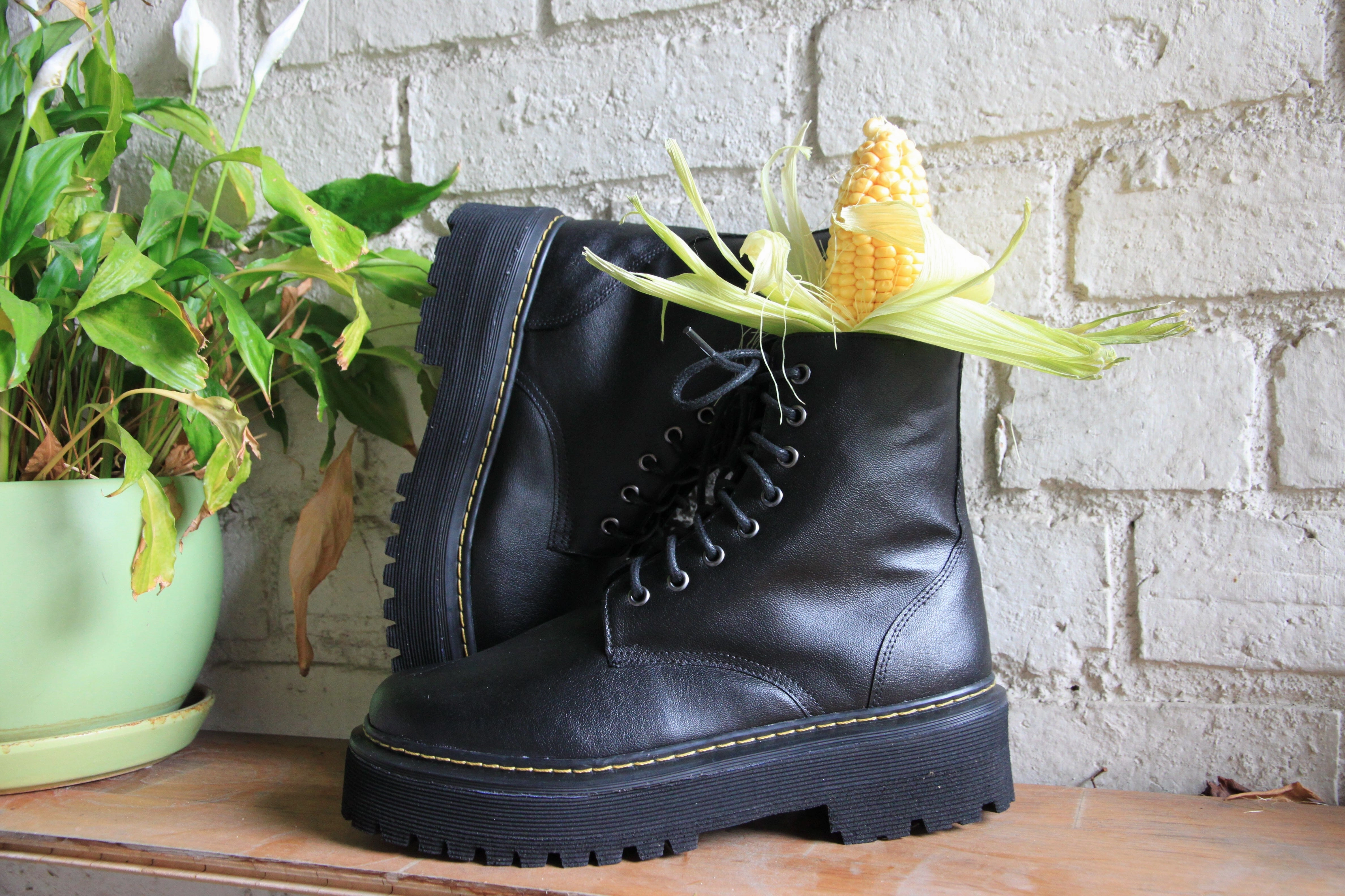 'Quinn' corn-leather  boot with stacked sole by Zette Shoes - black Steve Madden Combat Boots Grey - Combat Boots