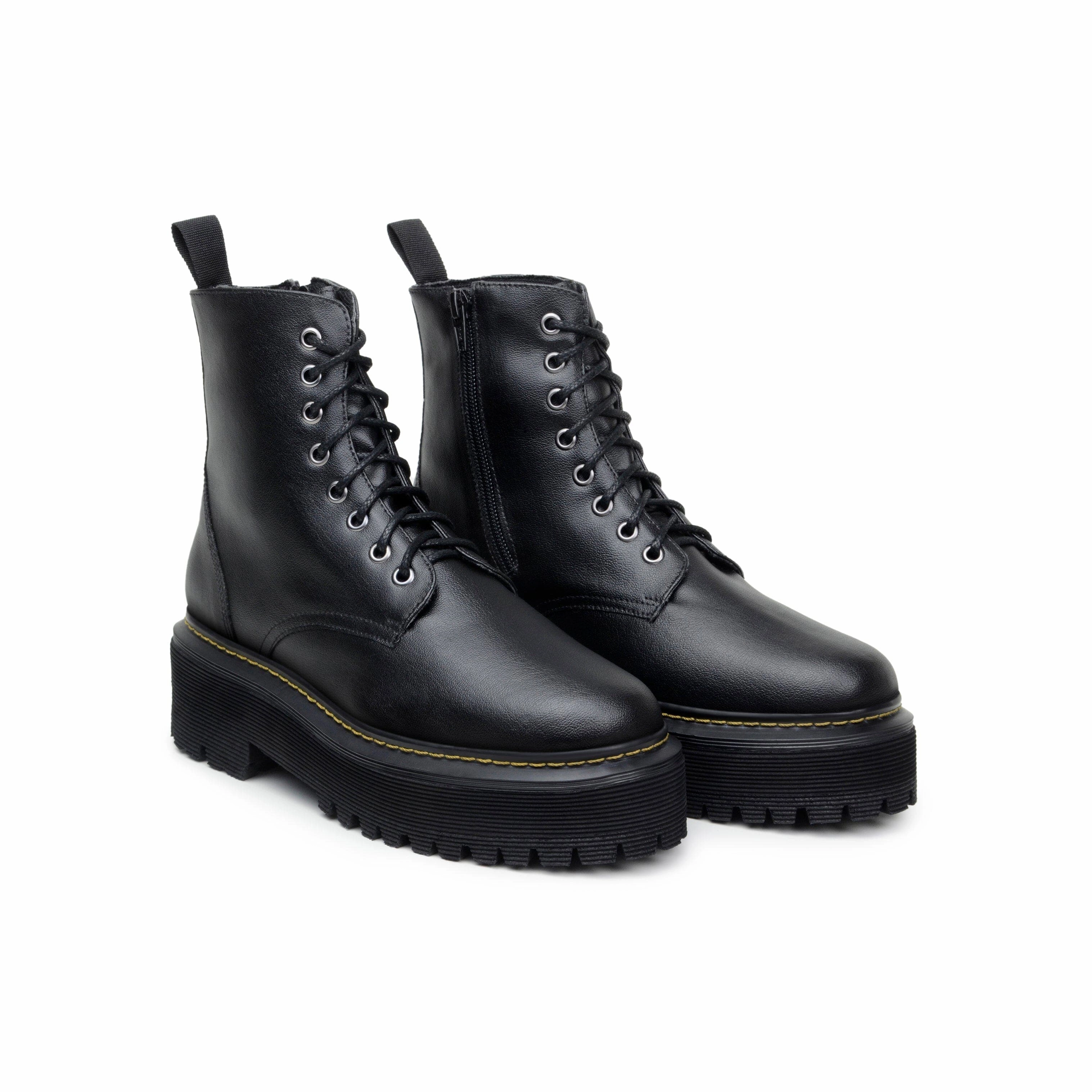 'Quinn' corn-leather  boot with stacked sole by Zette Shoes - black Naglev Combat Boots