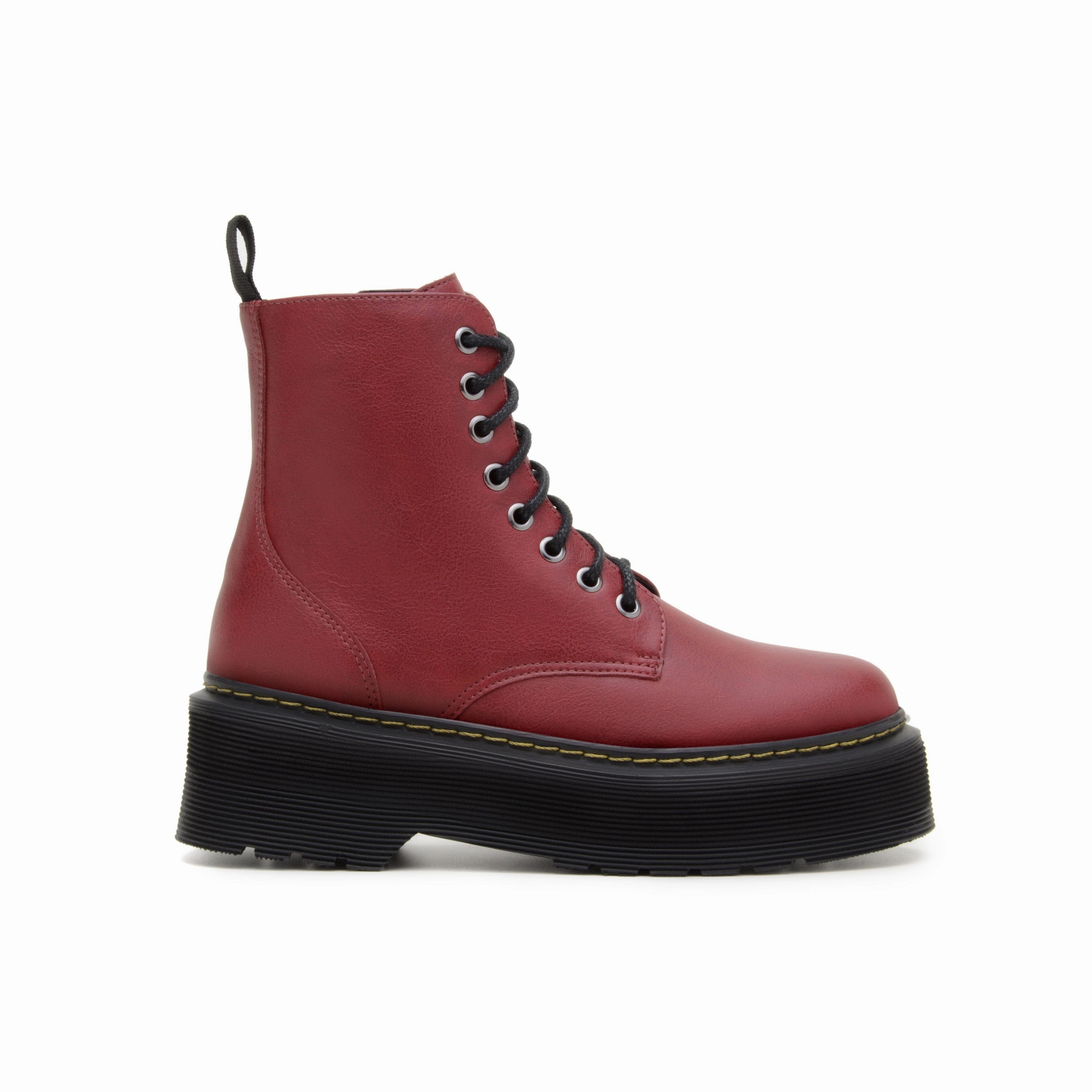 'Quinn' vegan-leather boot with stacked sole by Zette Shoes - cherry red Laces In Combat Boots