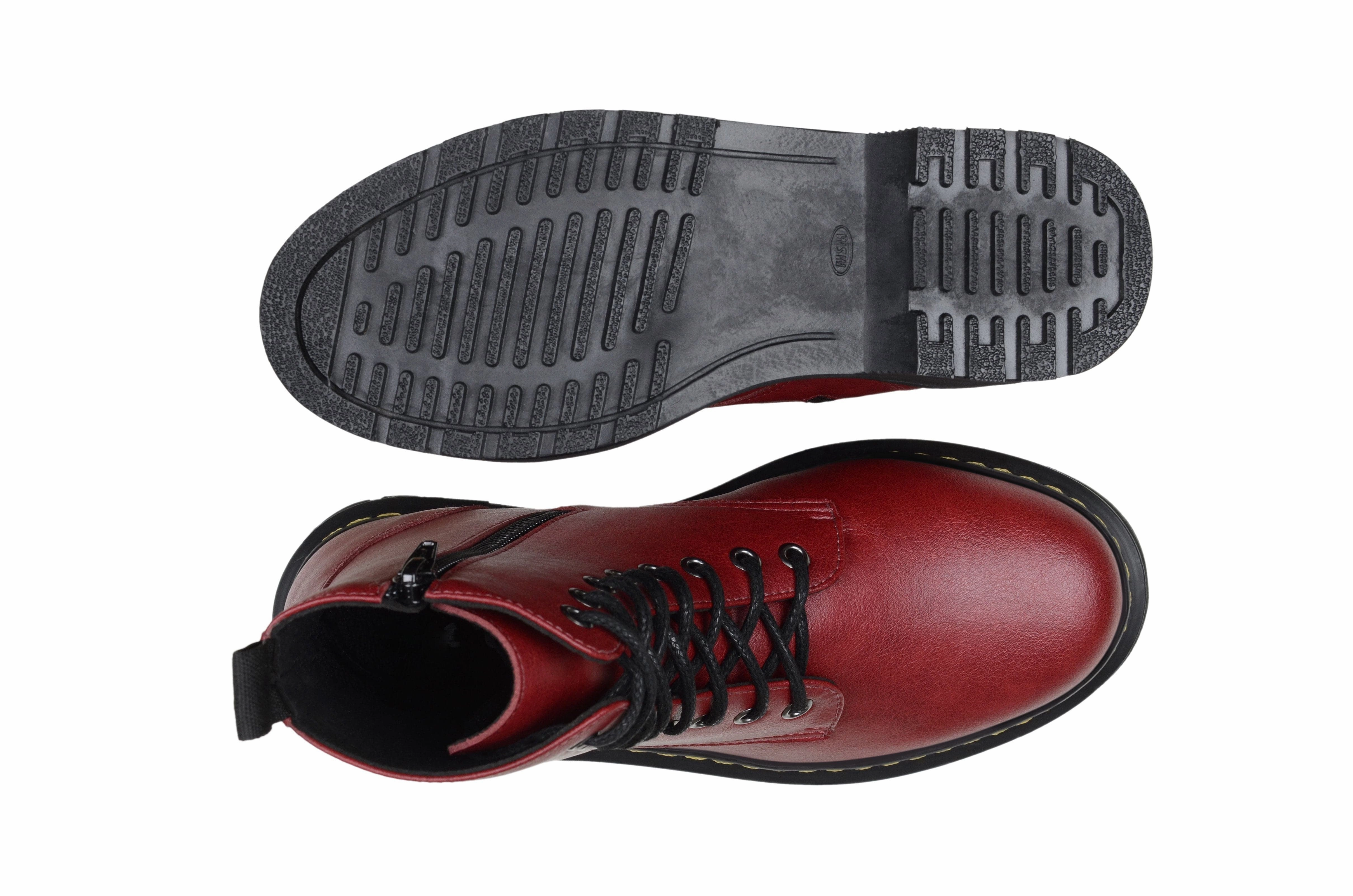 'Quinn' vegan-leather boot with stacked sole by Zette Shoes - cherry red Combat Ankle