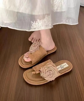 Cute Cheap Flip Flops Boutique Khaki Floral Splicing Suede Flip Flops AP1036