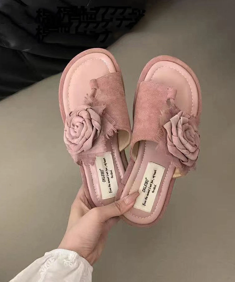 Boutique Khaki Floral Splicing Suede Flip Flops AP1036 Tooled Leather Flip Flops