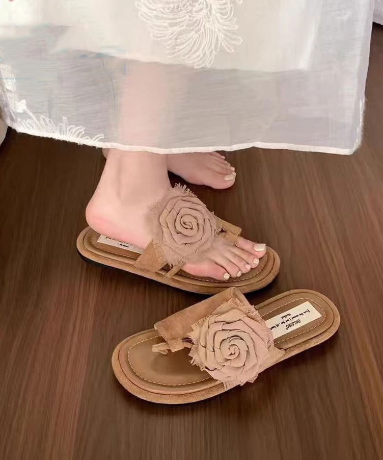Nubuck Flip Flops Boutique Khaki Floral Splicing Suede Flip Flops AP1036