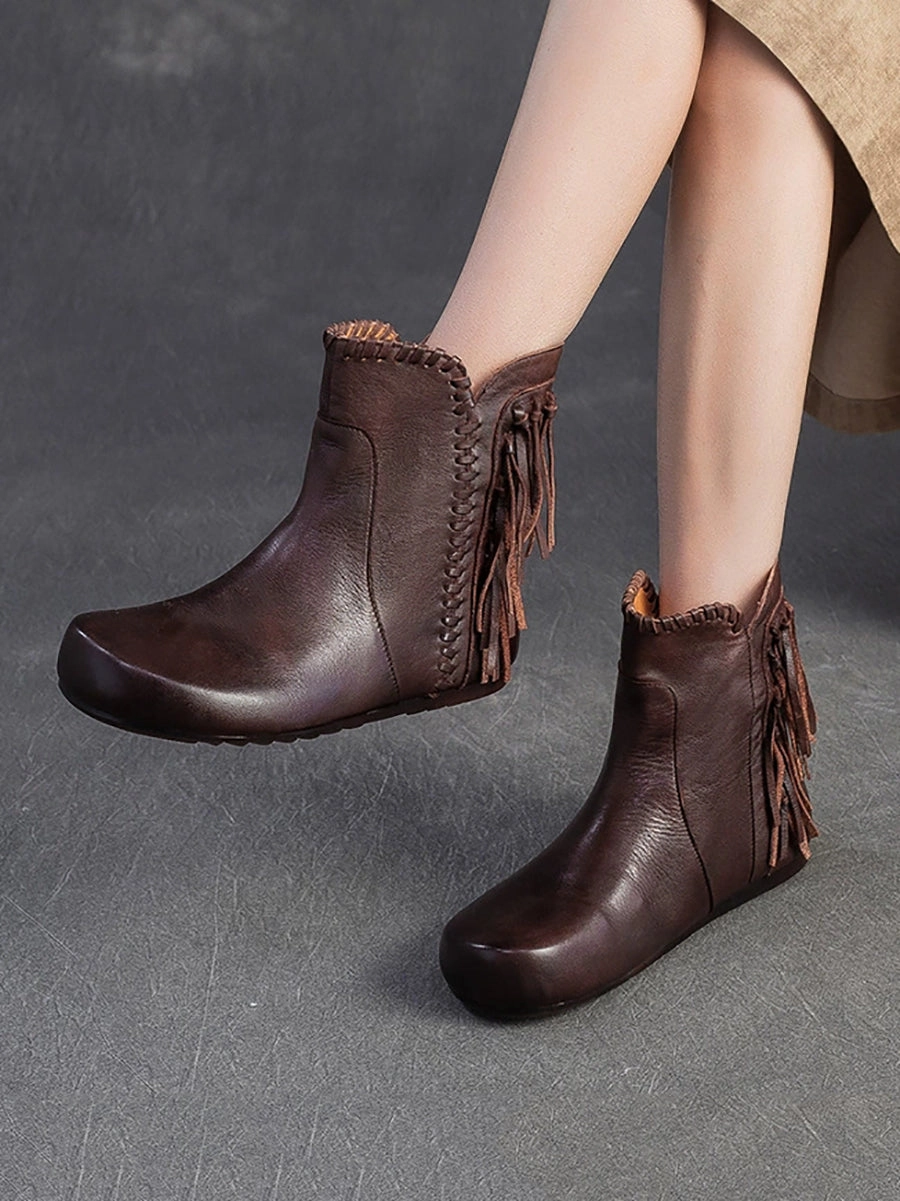 Autumn Leather Tassel Ankle Boots Women Vintage Wide