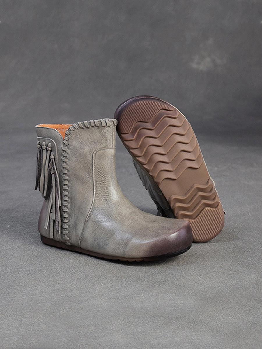 Autumn Leather Tassel Ankle Boots Women Vintage Narrow Feet
