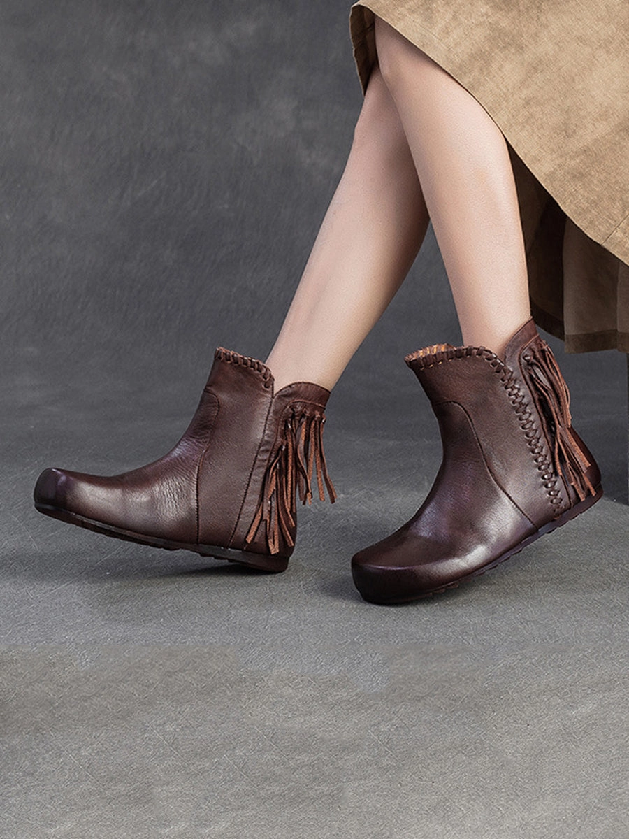 Autumn Leather Tassel Ankle Boots Women Vintage Plantar Fasciitis Shoes