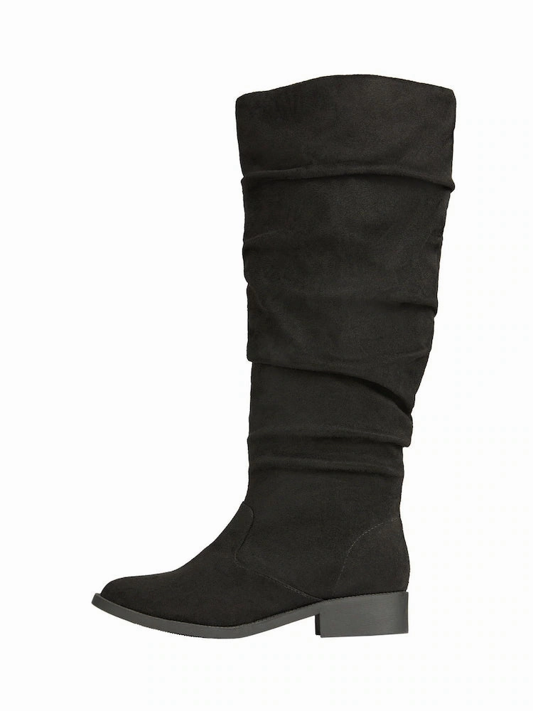 Platform Boots Knee High Wide Calf Black Regular Fit Suedette Ruched Knee High Boot