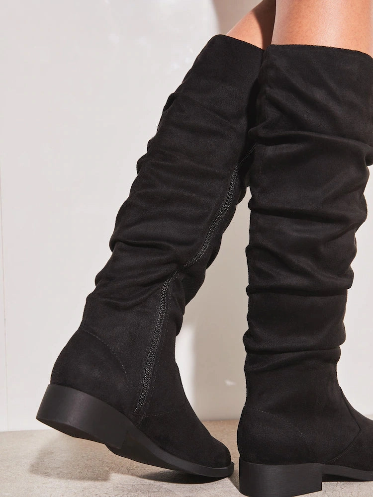 Knee High Boots Amazon Black Regular Fit Suedette Ruched Knee High Boot