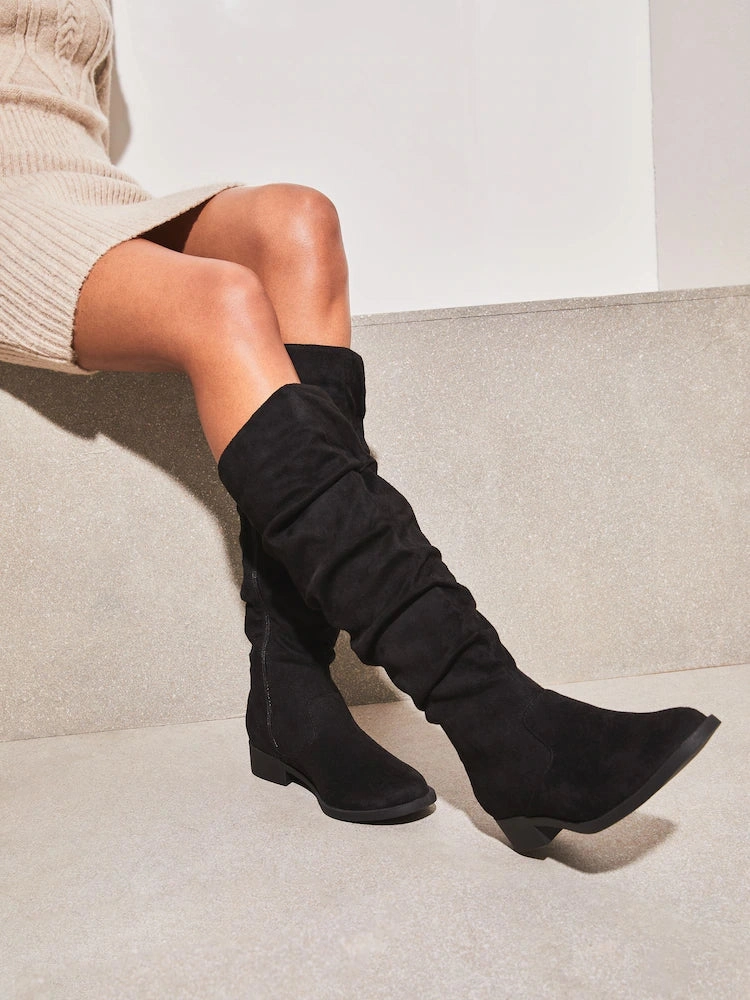 Black Regular Fit Suedette Ruched Knee High Boot Halloween Knee High Boots