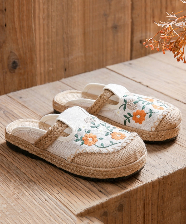 Boho Retro Black Linen Fabric Embroidery Slide Sandals XC1059 Caribbean Sandals