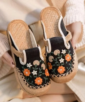 Antigua Resort Boho Retro Black Linen Fabric Embroidery Slide Sandals XC1059