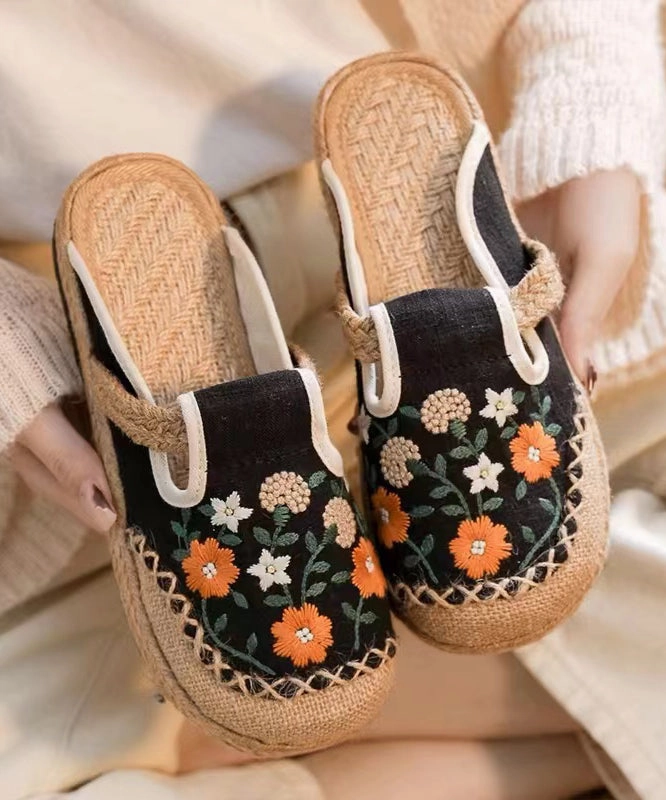 Ankle Sandals Boho Retro Black Linen Fabric Embroidery Slide Sandals XC1059