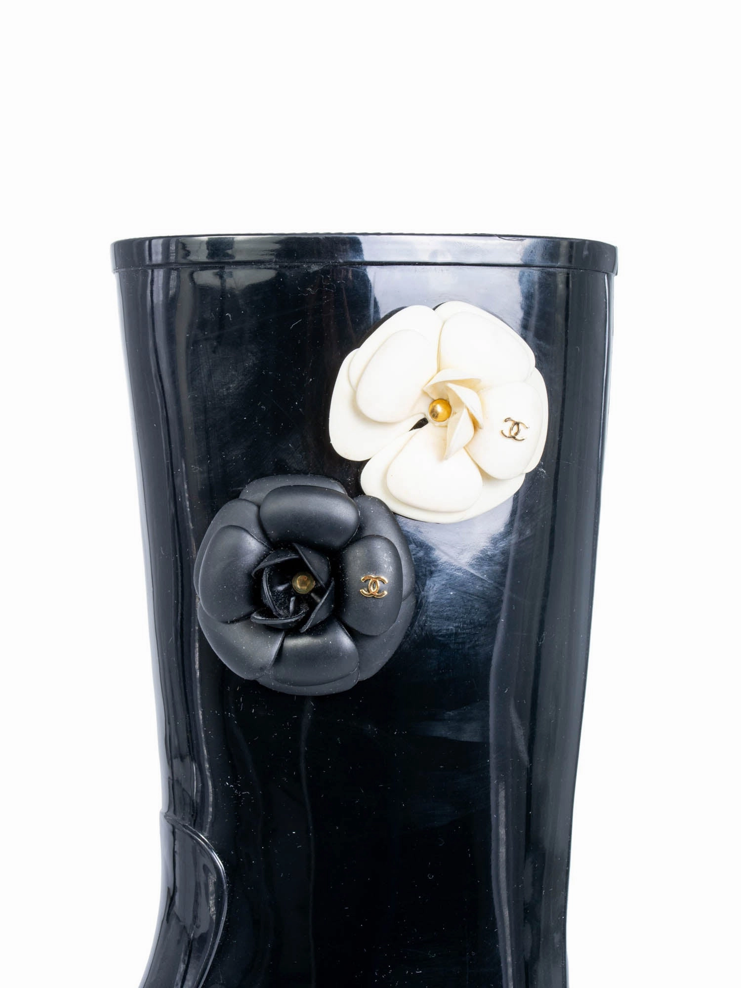 Low Profile Rain Boots Chanel CC Logo Camellia Flower Rain Boots Black Ivory