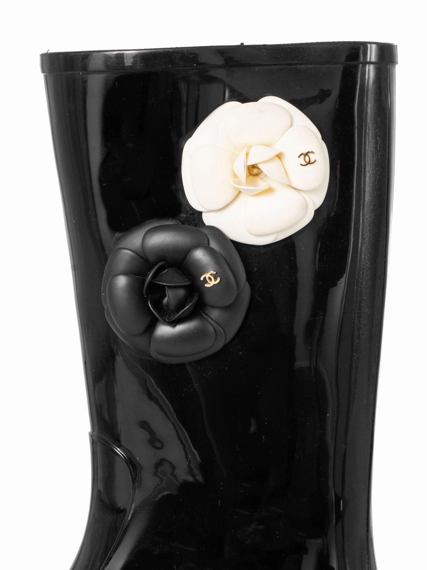 Crock Rain Boots Chanel CC Logo Camellia Flower Rain Boots Black