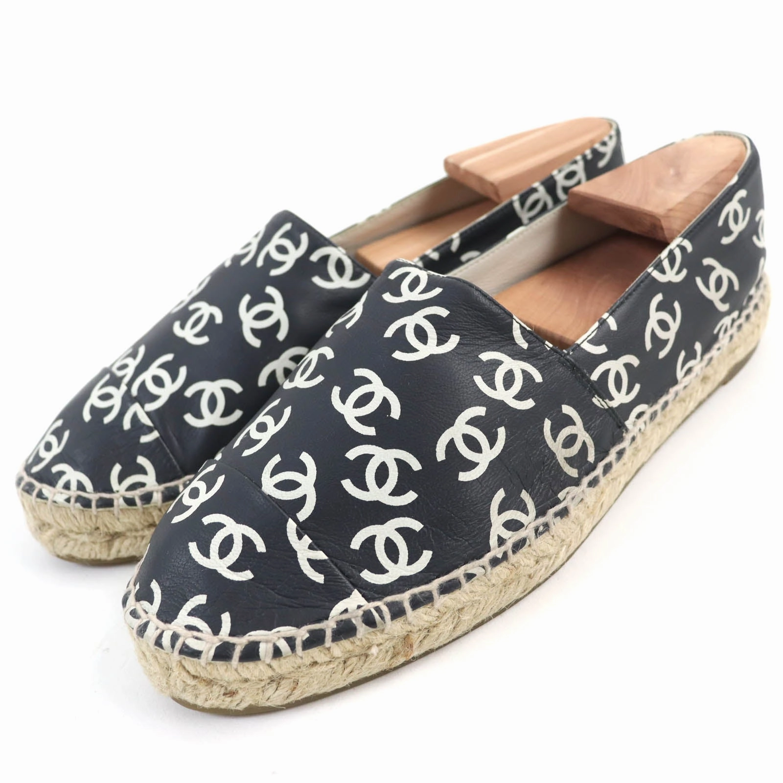 Chanel COCO Mark Espadrilles Leather Slip-ons 39 Espadrille Wedge Mules