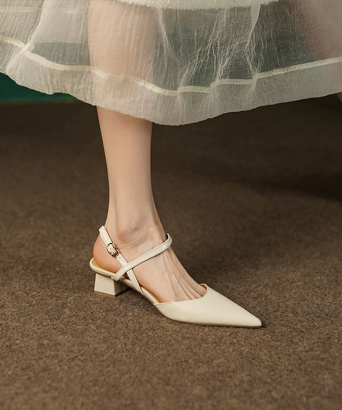 Lug Sole Sandals Chic Beige Splicing Cowhide Leather Chunky Sandals Pointed Toe WT029