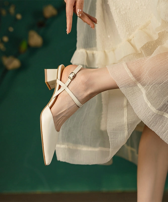 Chic Beige Splicing Cowhide Leather Chunky Sandals Pointed Toe WT029 Sandals Resort Turks And Caicos