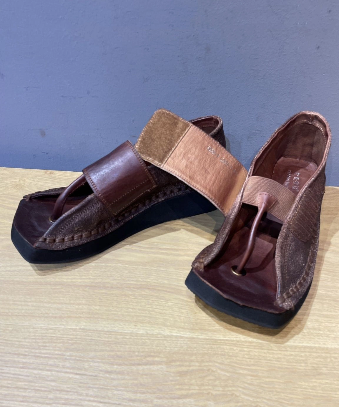 Chocolate Wedge Flip Flops Cowhide Leather Unique Splicing XC1042 Bratz Flip Flops