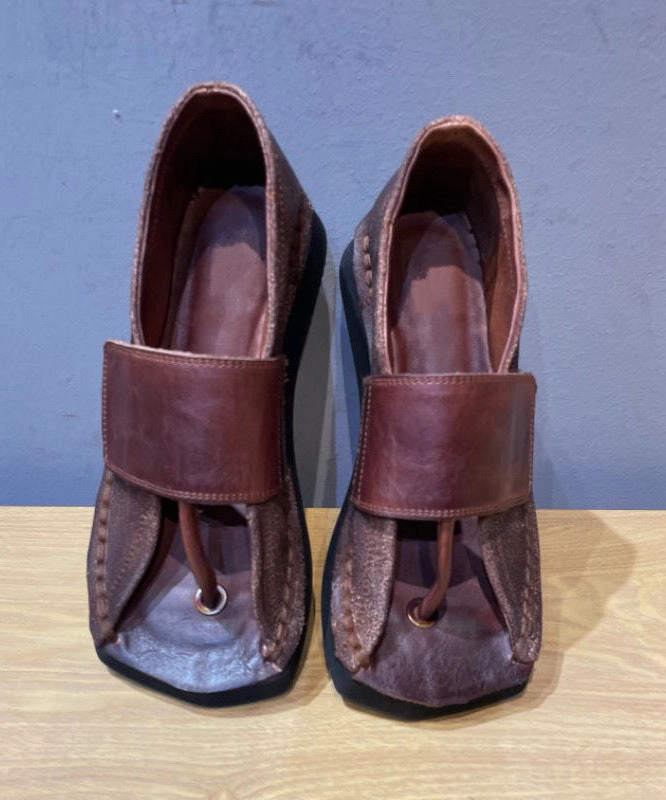 Neutral Flip Flops Chocolate Wedge Flip Flops Cowhide Leather Unique Splicing XC1042