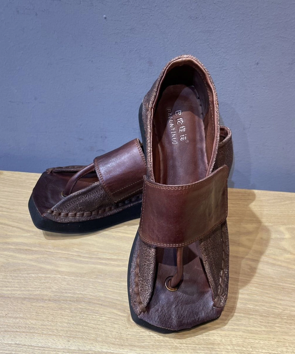 Chocolate Wedge Flip Flops Cowhide Leather Unique Splicing XC1042 American Made Flip Flops