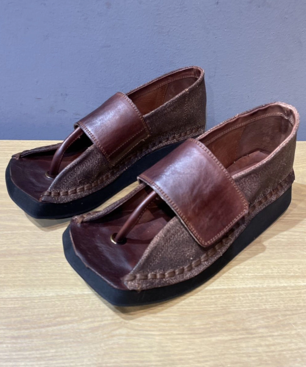 Platform Flip Flops 90s Chocolate Wedge Flip Flops Cowhide Leather Unique Splicing XC1042