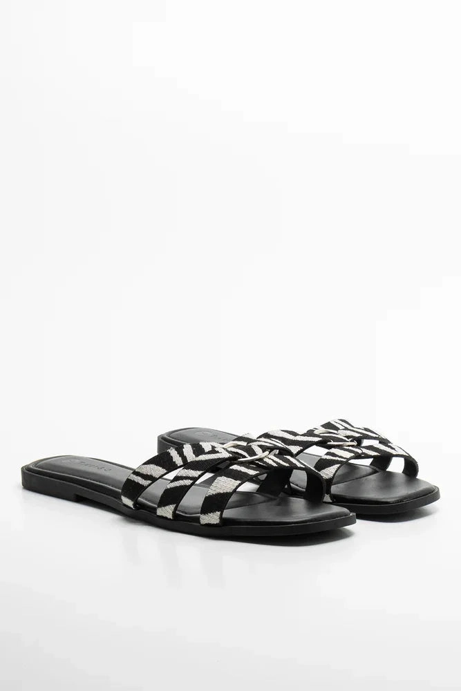 Sparkly Sandals Flat Circle Trim Sandal Black & White