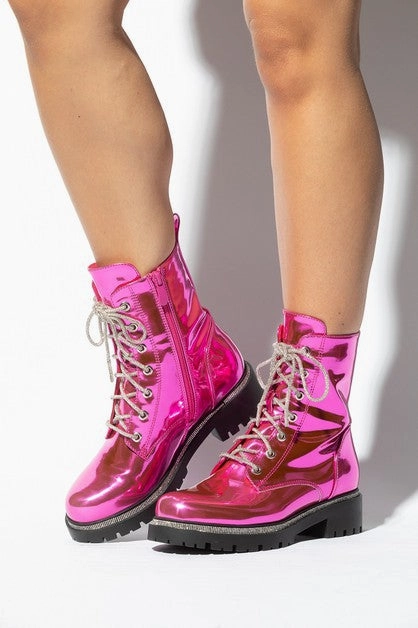 Shiny Black Combat Boots - Shiny Combat Boots SET BACK Hot Pink