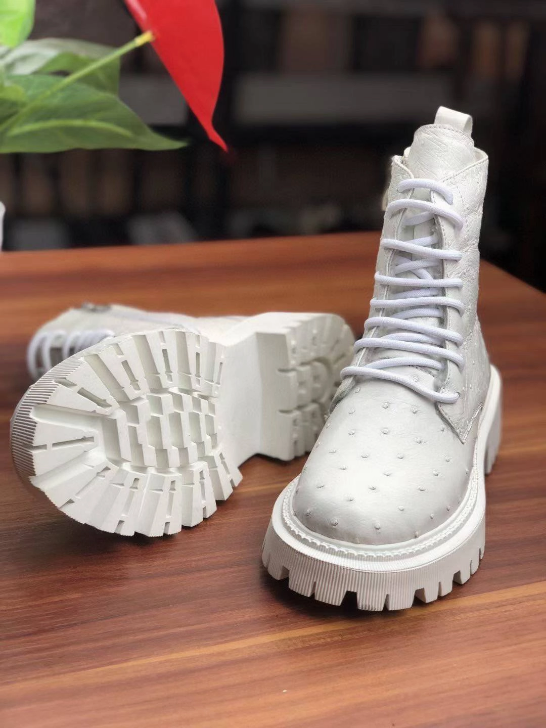 Crocodile Shoes Women's Ostrich Leather Parker Combat Boots Laine Pearl Leather Combat Boot