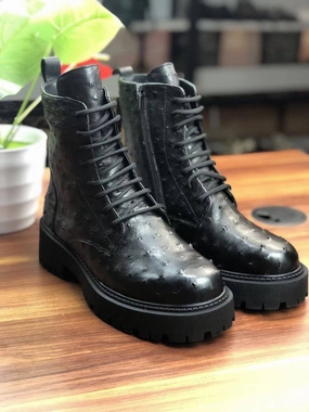 Combat Boot Lug Sole Crocodile Shoes Women's Ostrich Leather Parker Combat Boots Black