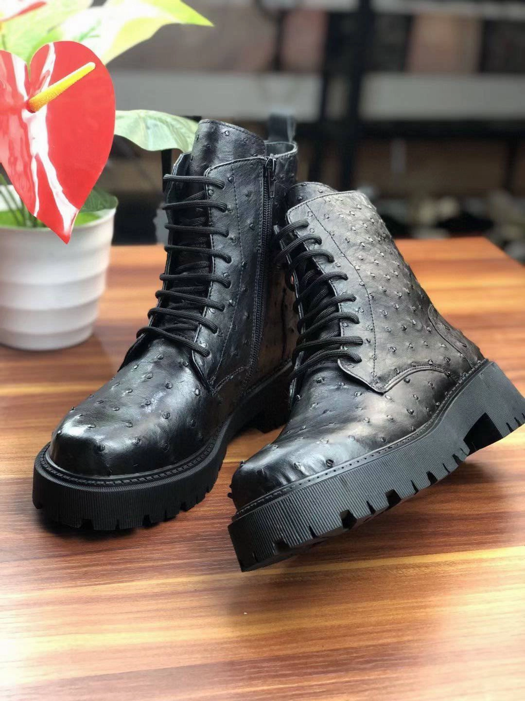 Crocodile Shoes Women's Ostrich Leather Parker Combat Boots Black Mom Wears Combat Boots