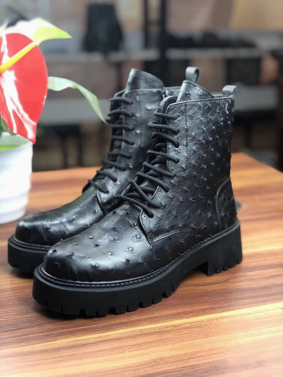 Suede Lace Up Combat Boots Crocodile Shoes Women's Ostrich Leather Parker Combat Boots Black