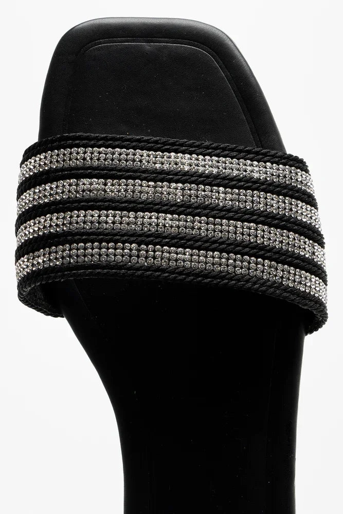 Diamante Sandal Black Strappy Sandals Low Heel