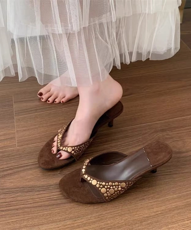 Dream Pairs Flip Flops High Splicing Heel Black Suede Rivet Flops Flip