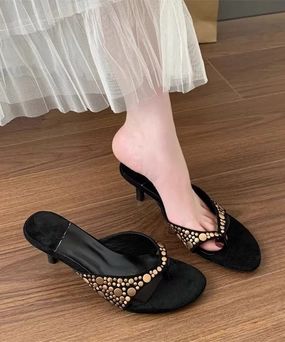 High Splicing Heel Black Suede Rivet Flops Flip Best House Flip Flops