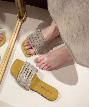 Best Sandals For Summer Yellow Zircon Fashion Splicing Slide Sandals Peep Toe AP1014