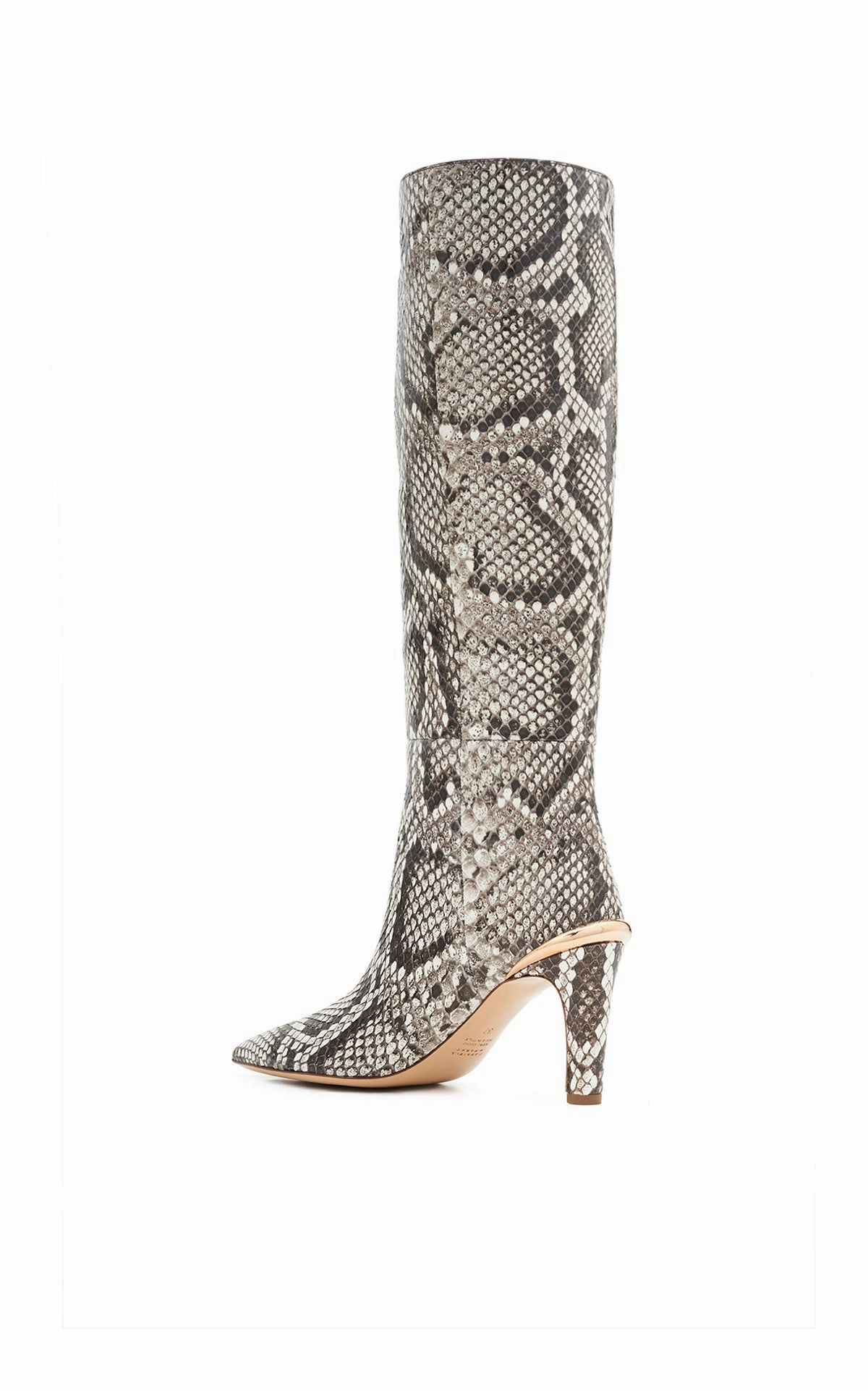 Meyer Knee High Wide Calf Flat Boot Aura High Heel Stiletto Tall Boot in Black & White Inversa Snakeskin