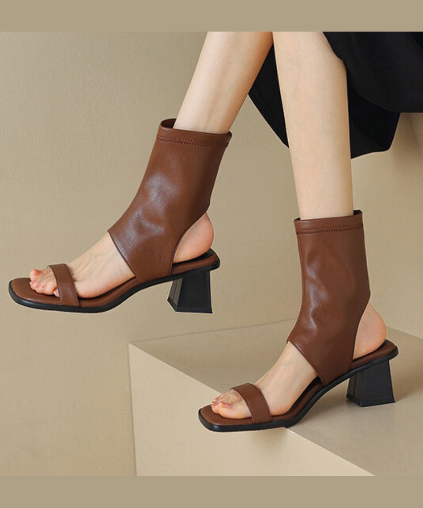 Technology Sandals Elegant Hollow Out Chunky Sandals Black Cowhide Leather OI077