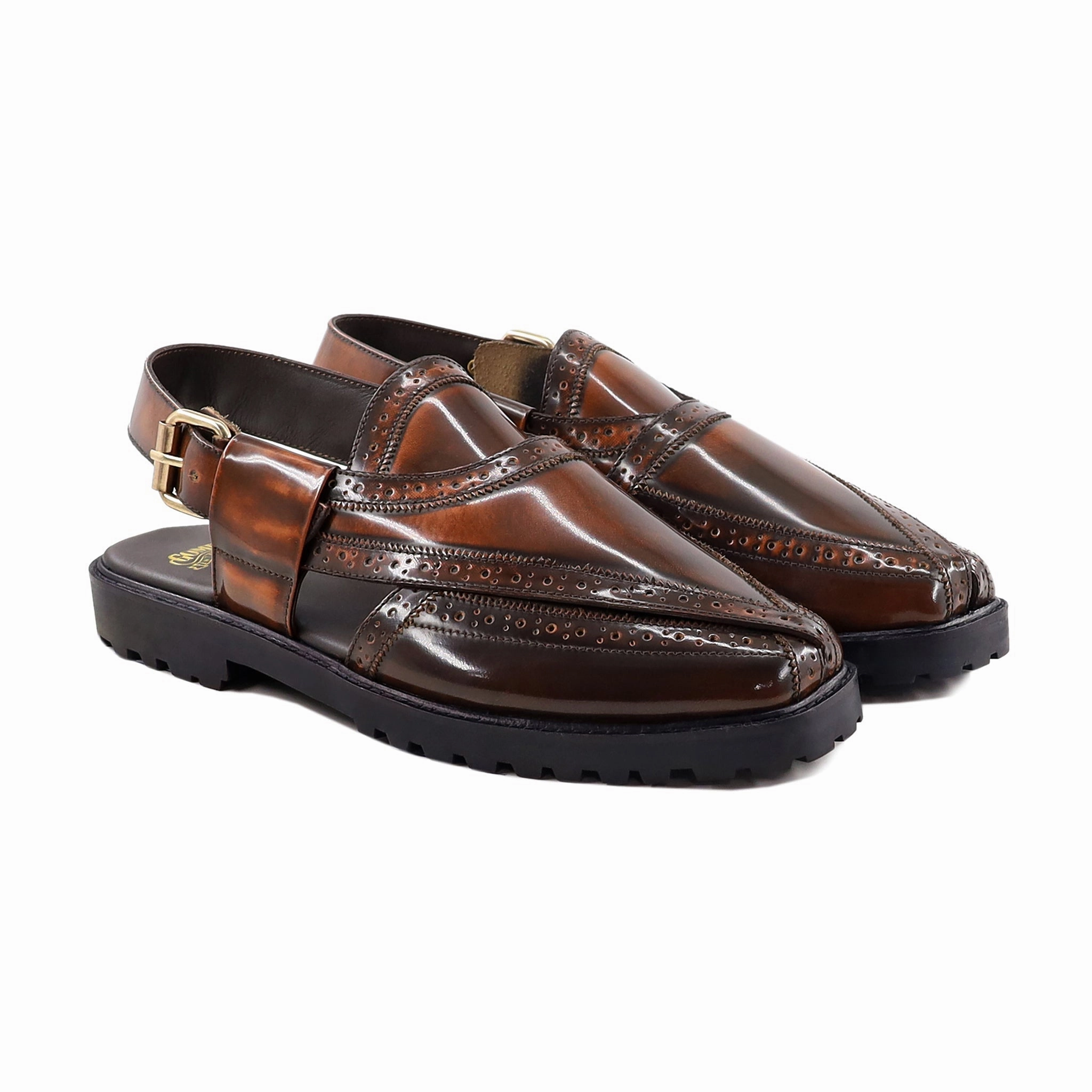 Elza - Men's Burnished Brown Box Leather High Shine Sandal Spanish Sandals