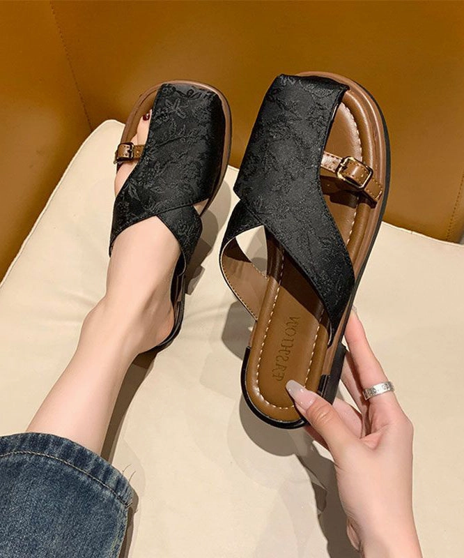 Chinese Style Black Hollow Out Print Satin Slide Sandals AP1034 Birkenstock Style Sandals