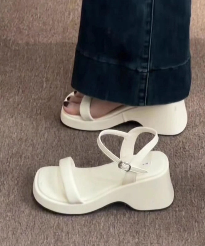Heel Strappy Sandals White Hollow Out Platform Sandals Peep Toe Buckle Strap OI057