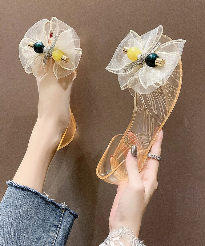 Fashion Tulle Bow Transparent Crystal Walking Sandals AA003 Wooden Wedge Sandals