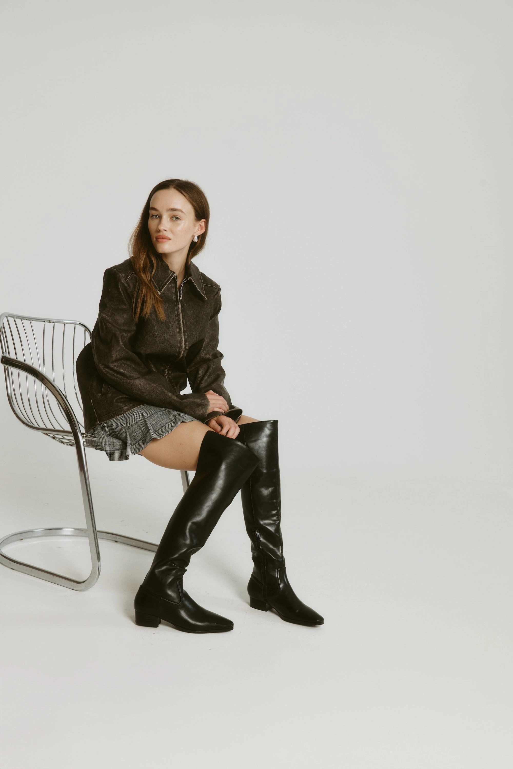 Knee High Kitten Heel Leather Boots Camden Thigh High Boots - Black