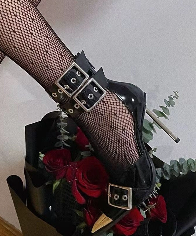 Beach Slide Sandals Black Sandals Stiletto Faux Leather Fashion Splicing Rivet TE009