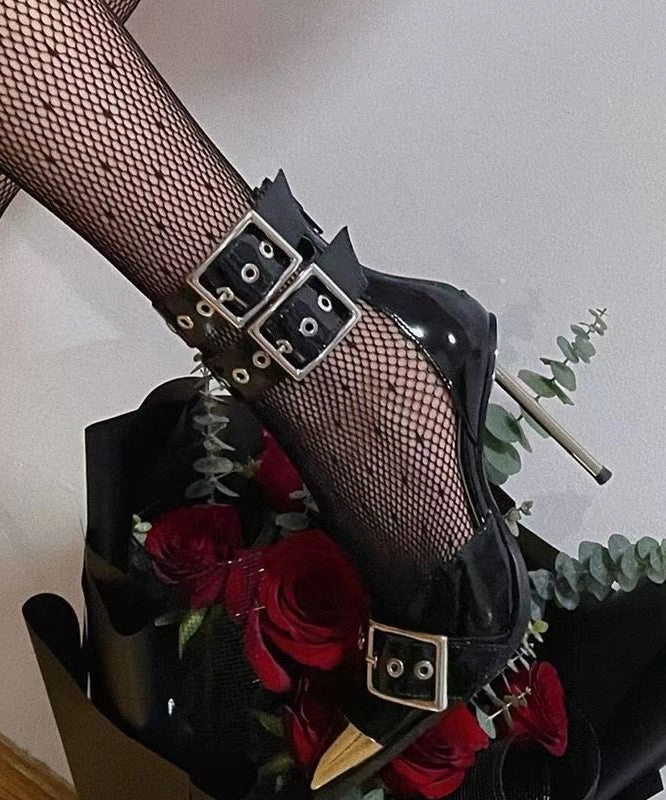 Spiked Sandals Black Sandals Stiletto Faux Leather Fashion Splicing Rivet TE009