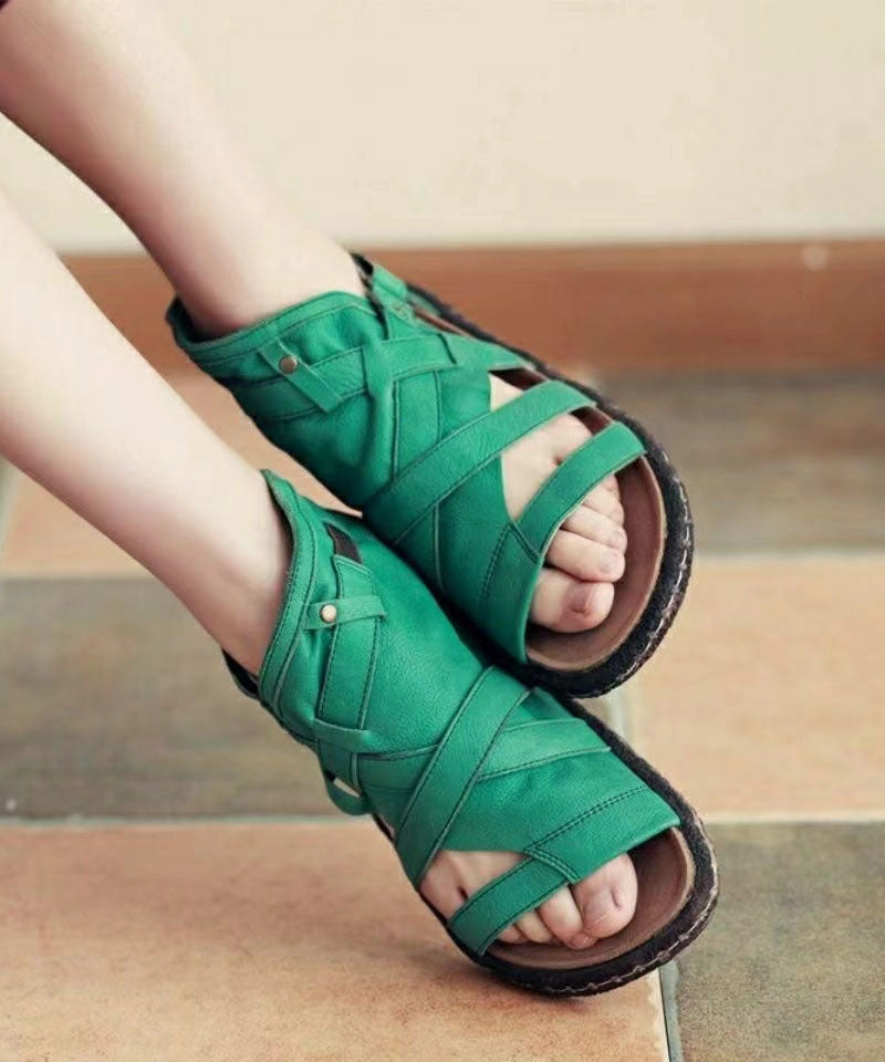 Green Cowhide Leather Retro Splicing Best Flat Sandals Hollow Out JJ068 Donald Pliner Sandals