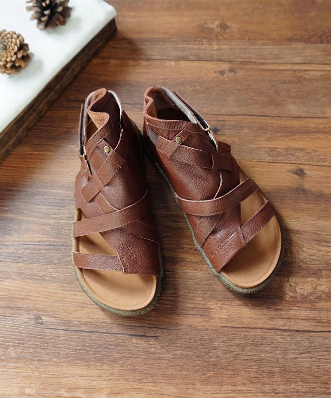 High Top  Green Cowhide Leather Retro Splicing Best Flat Sandals Hollow Out JJ068