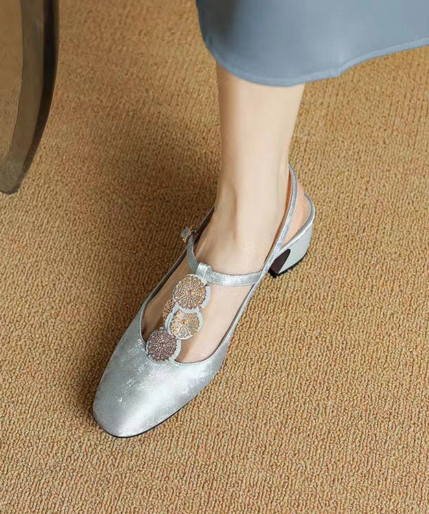 Grey Satin Cowhide Leather Splicing Buckle Strap Chunky Sandals DD1051 Sandals Resorts Packages